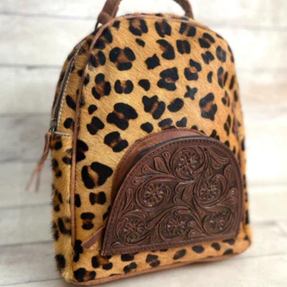 NWT New American Darling Leopard Cheetah Hide Leather Tooled Pocket Backpack main image 4